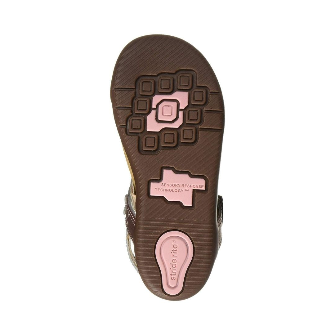 Brown and pink outsole on strap sandal for youth