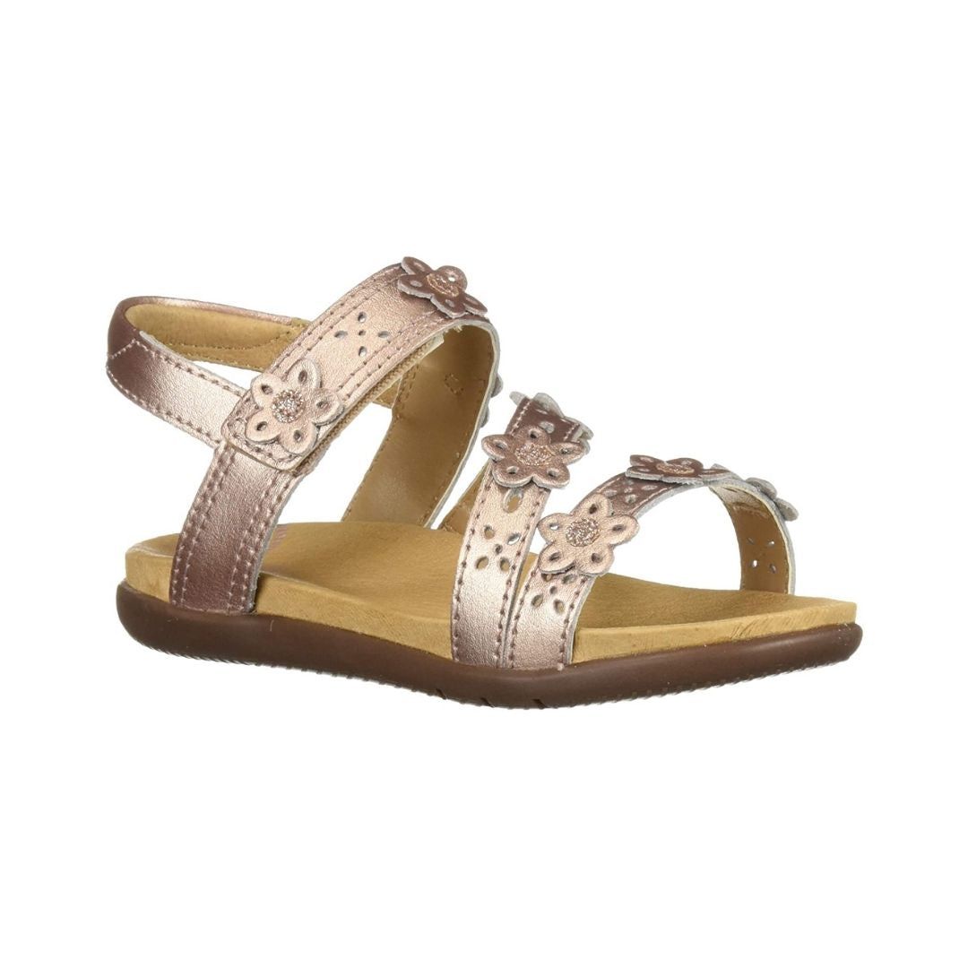 Heel strap and 3 over foot straps on sandal with perforations and 3D flower cutouts (youth)