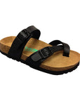 Black supportive sandal with toe loop, two adjustable buckle closures and a black oustole.