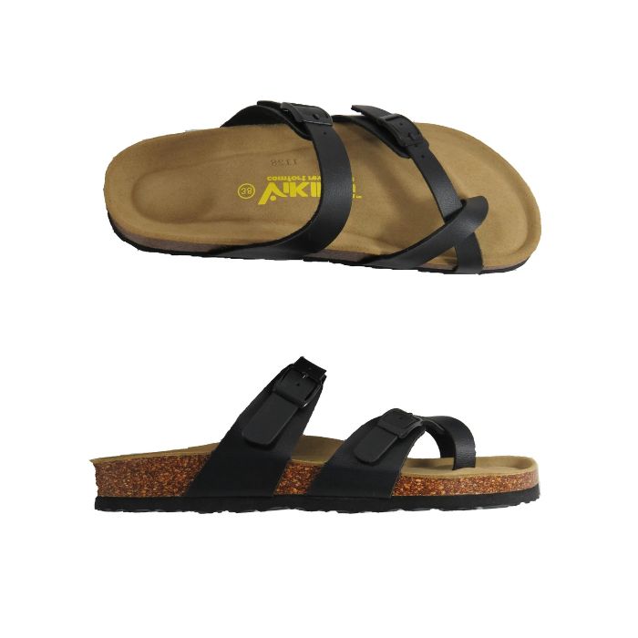 Top and side view of black supportive sandal with toe loop, two adjustable buckle closures and a black outsole. Yellow Viking logo on center of footbed.