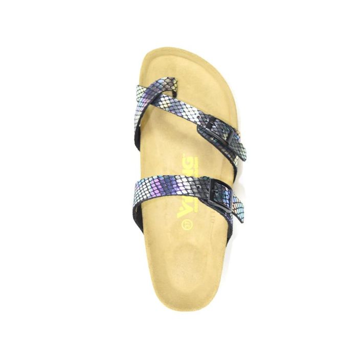 Mermaid printed supportive sandal with toe loop, two adjustable buckle closures and a black outsole.