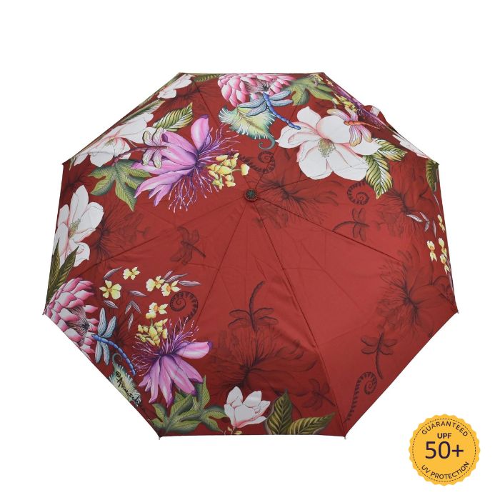 Red floral pattern umbrella.