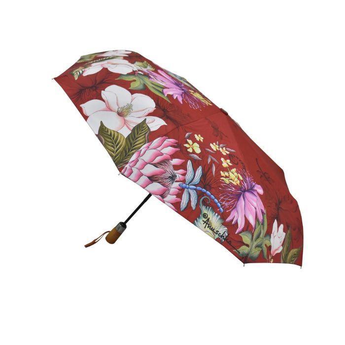 Red floral pattern umbrella with wooden handle.