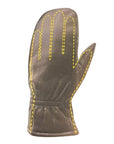 Black leather mittens with yellow dotted markings indicating the fingers inside the mitten.