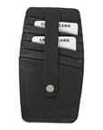 Card holder in Black. Black leather card holder with 6 card slots secured by a strap.