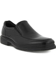 An Ecco black leather slip on dress shoe with apron stitching and a square toe. Outsole is black.
