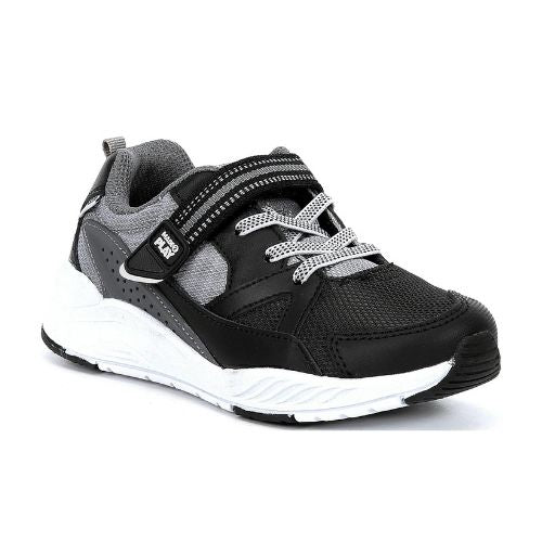 Black and grey sneaker with velcro strap closure and white outsole.