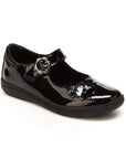 Kids Stride Rite Holly Mary Jane Shoes in black patent leather with floral detail and memory foam insole. Ideal for formal or school wear.
