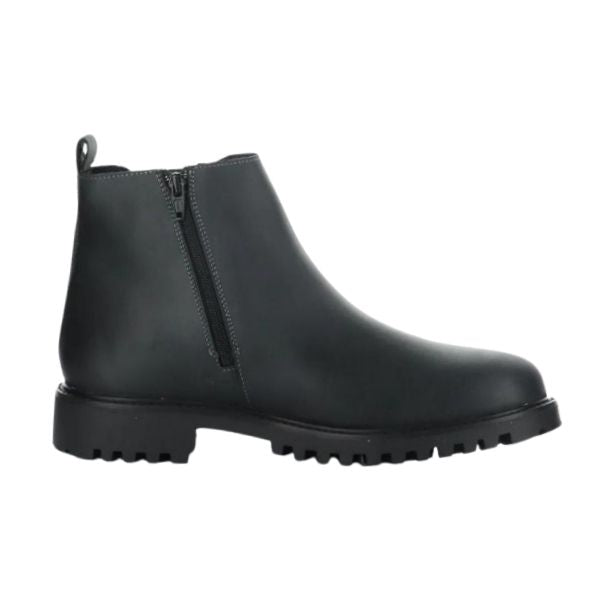 Profile view of Dax boot in black, displaying inside zipper.