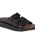 Mephisto Zach Footbed Sandal in dark brown with triple buckle straps and cushioned anatomical sole designed for men's comfort and flexibility.