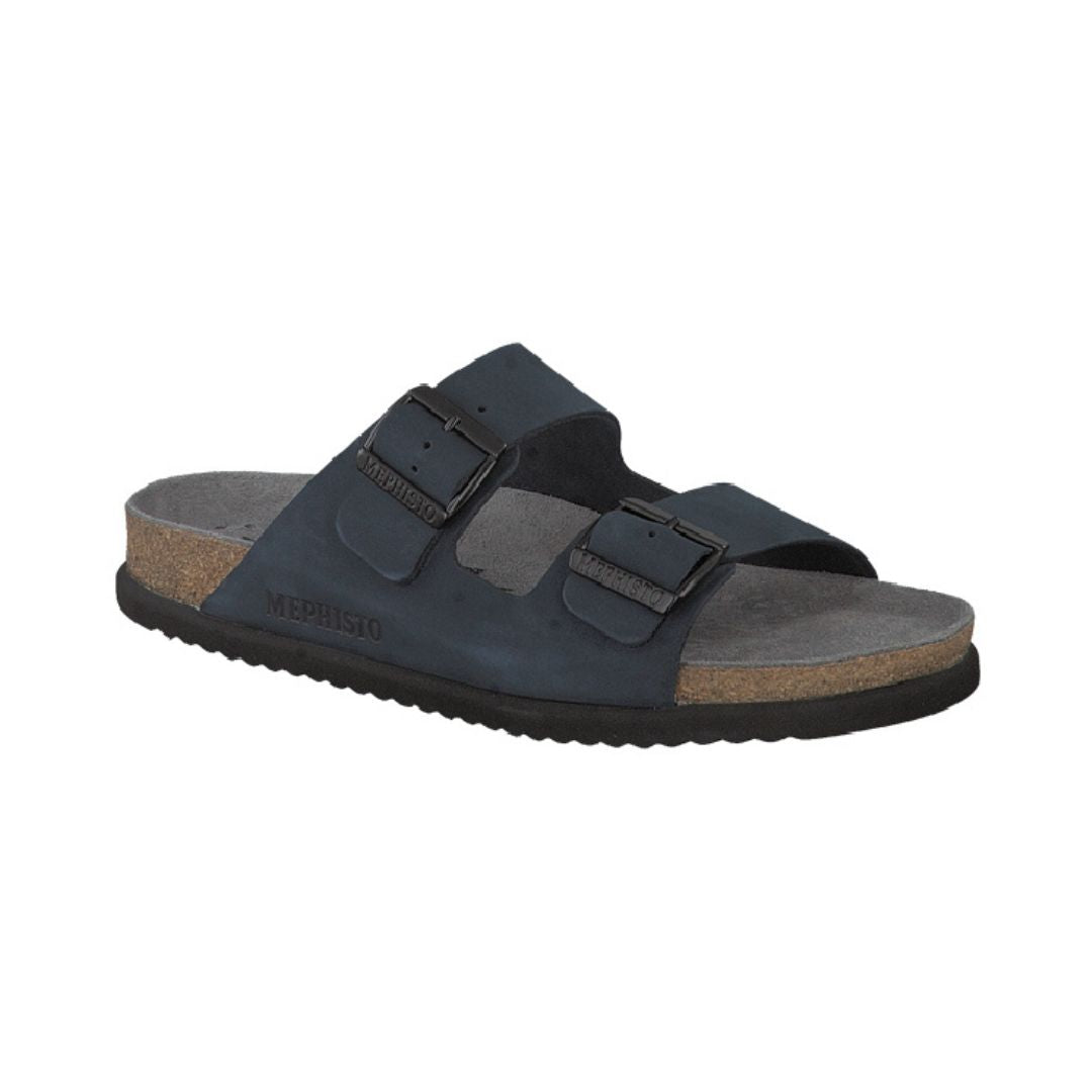 Men's Mephisto Nerio Footbed Sandal in black nubuck leather with contoured cork footbed and slip-resistant outsole for superior walking comfort.