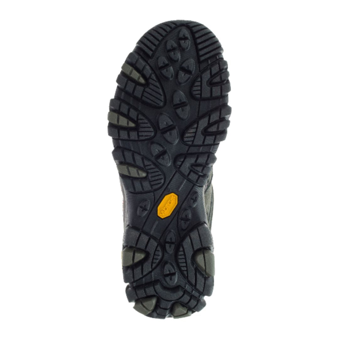 Vibram outsole of dark grey Men's Merrell Moab 3 Mid WP Hiking Boot with multidirectional lugs for enhanced traction on rough terrain.