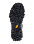 Vibram outsole of dark grey Men's Merrell Moab 3 Mid WP Hiking Boot with multidirectional lugs for enhanced traction on rough terrain.