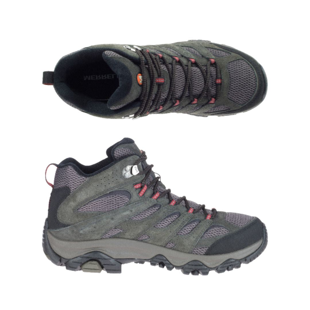 Top and side view of dark grey Men's Merrell Moab 3 Mid WP Hiking Boot highlighting breathable mesh and cushioned ankle support.
