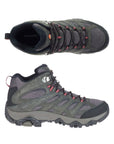 Top and side view of dark grey Men's Merrell Moab 3 Mid WP Hiking Boot highlighting breathable mesh and cushioned ankle support.