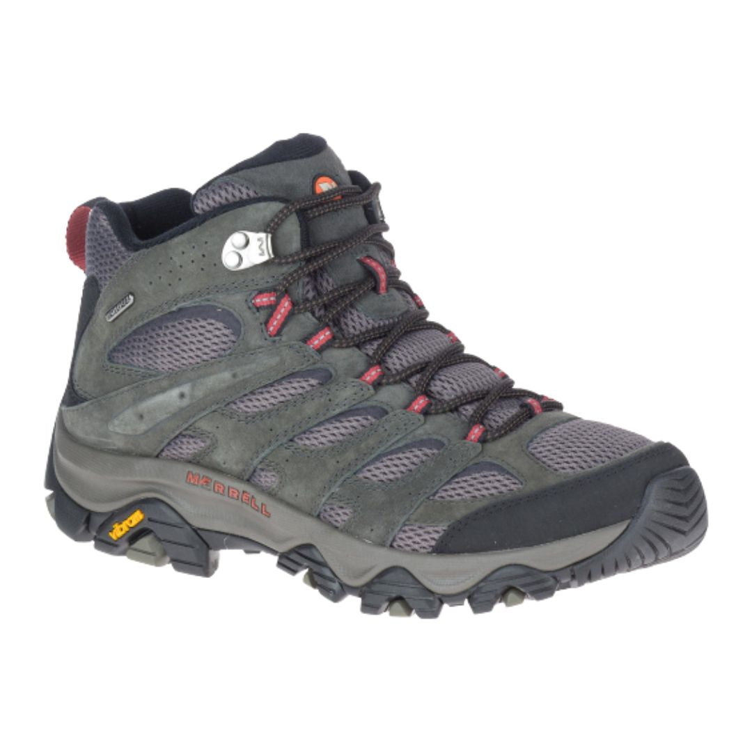 Men's Merrell Moab 3 Mid WP Hiking Boot in dark grey with red accents, waterproof leather and mesh for durable trail performance.