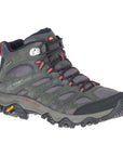 Men's Merrell Moab 3 Mid WP Hiking Boot in dark grey with red accents, waterproof leather and mesh for durable trail performance.