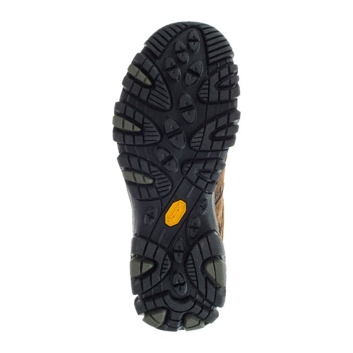 Outsole of brown Men's Merrell Moab 3 Mid WP Hiking Boot with Vibram rubber and deep lugs for reliable grip on outdoor trails.