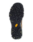 Outsole of brown Men's Merrell Moab 3 Mid WP Hiking Boot with Vibram rubber and deep lugs for reliable grip on outdoor trails.