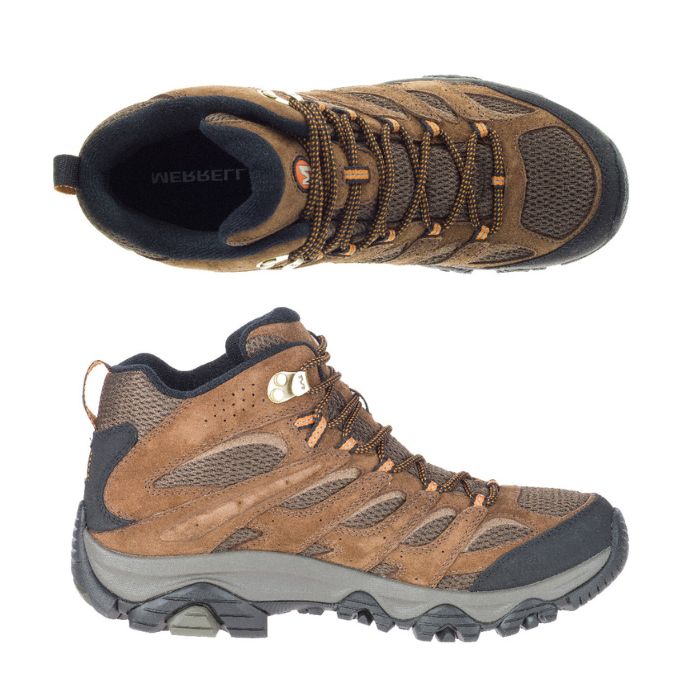 Top and side view of brown Men's Merrell Moab 3 Mid WP Hiking Boot showcasing lace-up closure and breathable mesh panels.