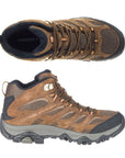 Top and side view of brown Men's Merrell Moab 3 Mid WP Hiking Boot showcasing lace-up closure and breathable mesh panels.