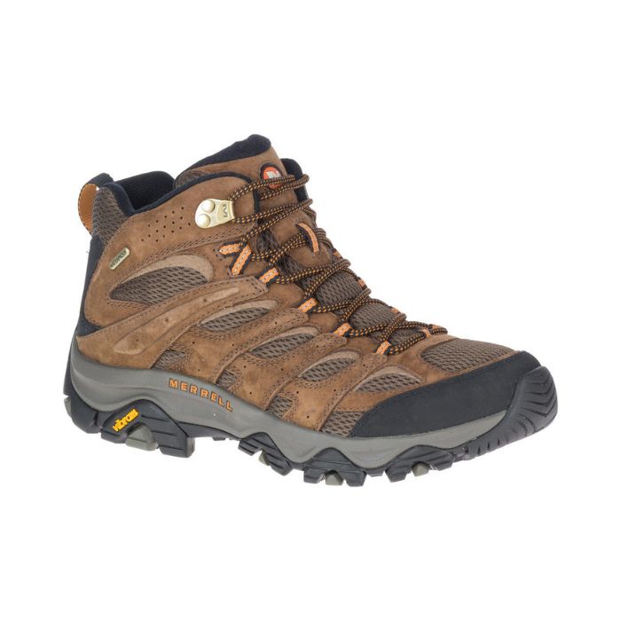 Men's Merrell Moab 3 Mid WP Hiking Boot in brown with orange accents, waterproof leather construction ideal for fall hiking adventures.