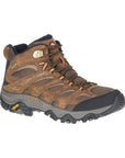 Men's Merrell Moab 3 Mid WP Hiking Boot in brown with orange accents, waterproof leather construction ideal for fall hiking adventures.