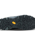 Outsole of black Merrell Moab 3 Thermo Mid men's hiking boot, showing Vibram traction pattern for superior grip on rugged terrain.
