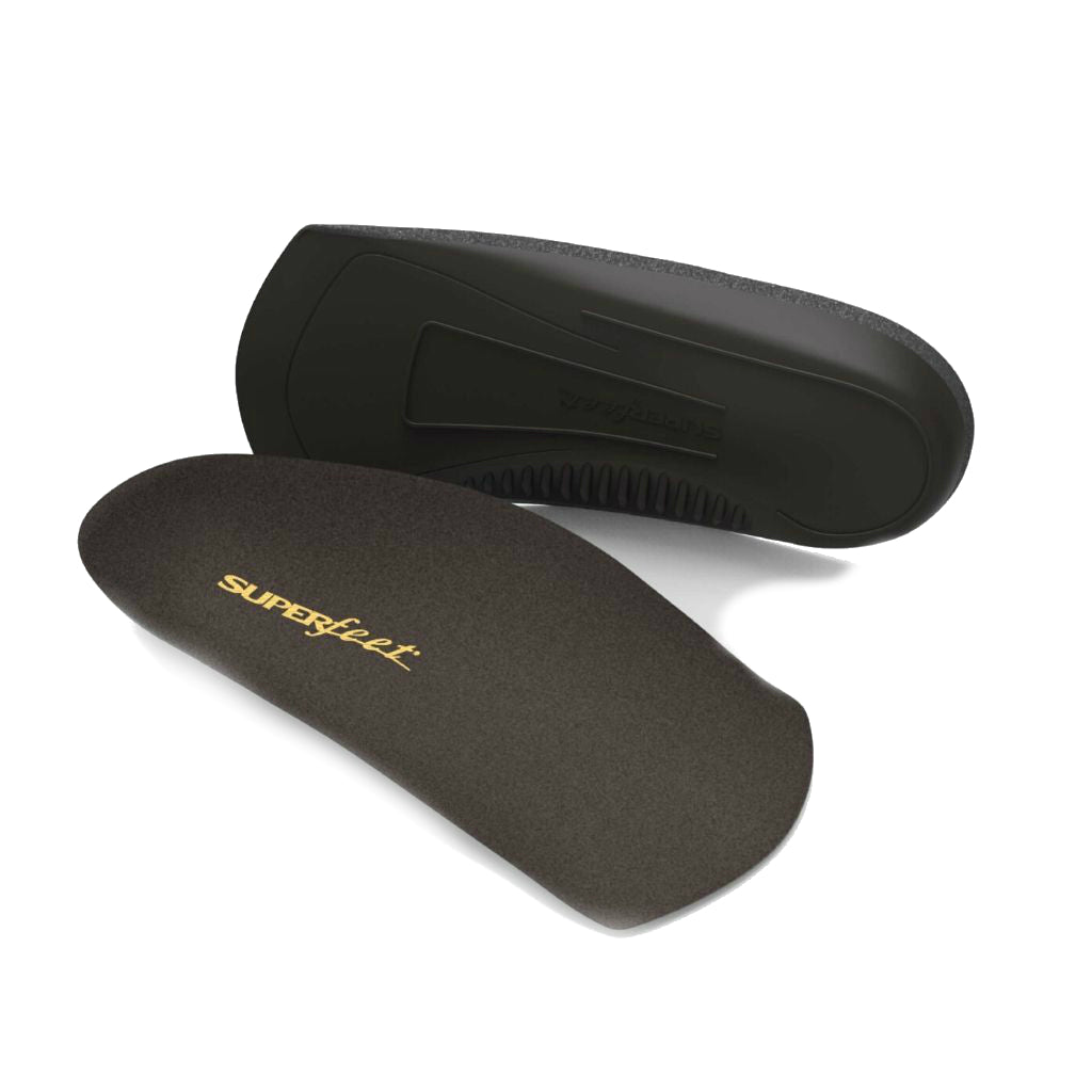 An insole that is 3/4 of a foot from heel in black showing top and bottom by Superfeet.