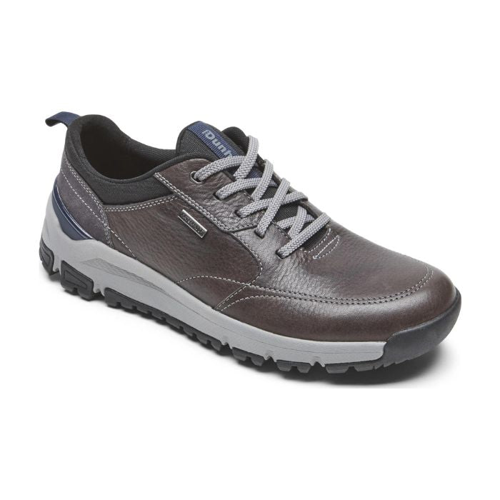 Men's Dunham Glastonbury Ubal II Sneaker in brown leather with gray laces, designed for waterproof performance and casual style.