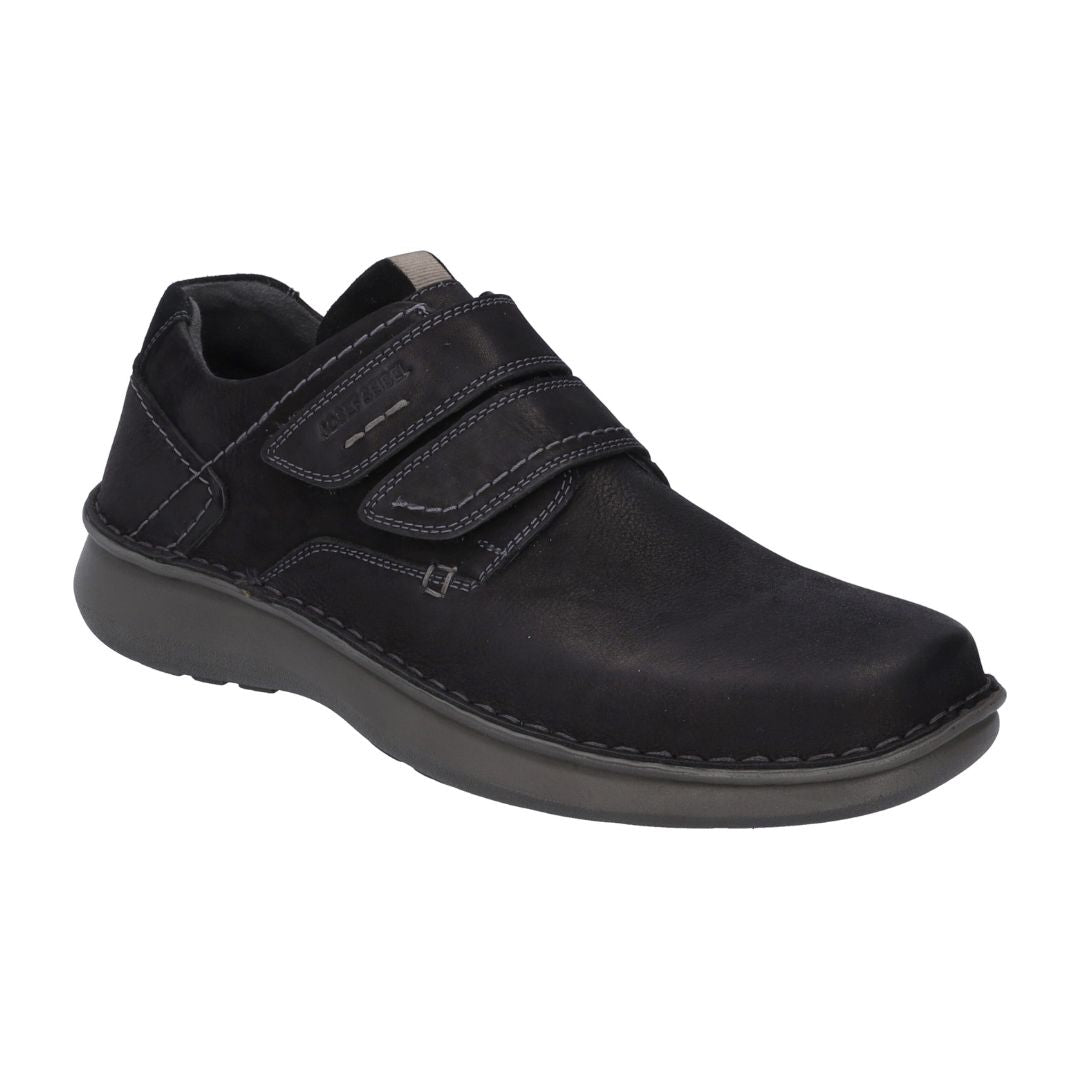 Black nubuck loafer with two Velcro straps across the instep and a dark grey outsole.