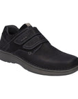 Black nubuck loafer with two Velcro straps across the instep and a dark grey outsole.