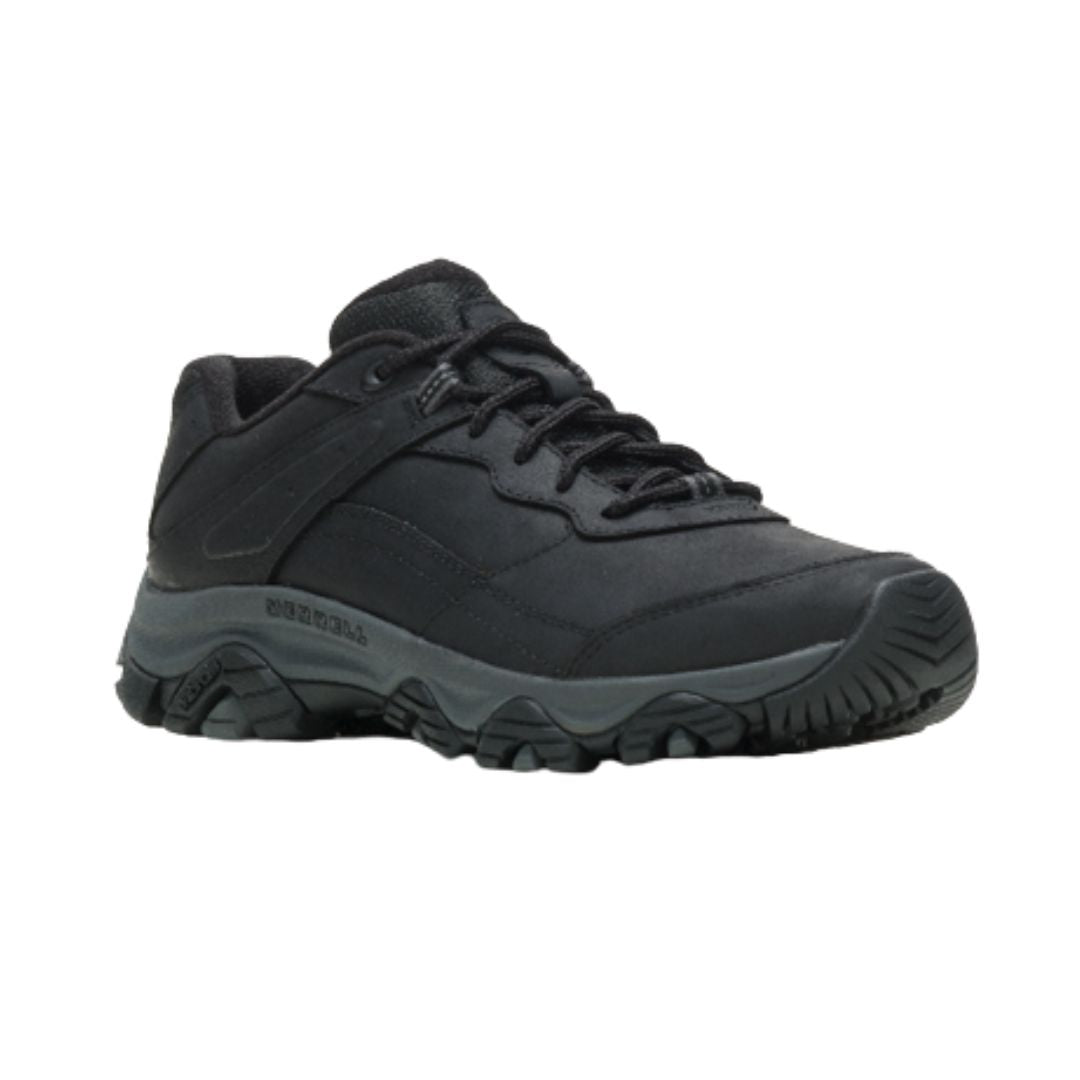 Men's Merrell Moab Adventure 3 Sneaker in black with waterproof leather upper and rugged outsole, ideal for hiking and wet trail conditions.