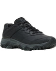 Men's Merrell Moab Adventure 3 Sneaker in black with waterproof leather upper and rugged outsole, ideal for hiking and wet trail conditions.