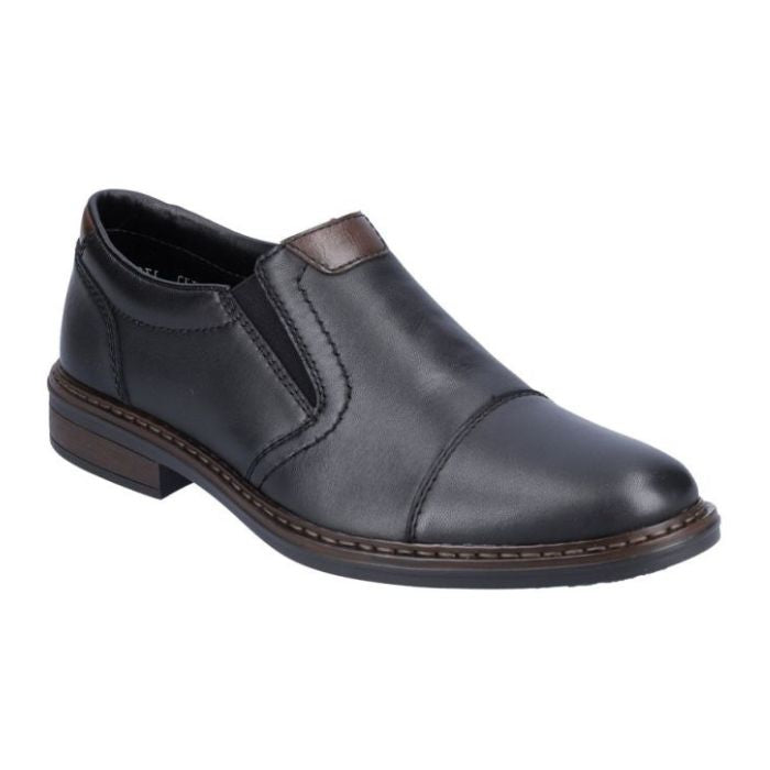 Black leather slip on shoe with toe cap.