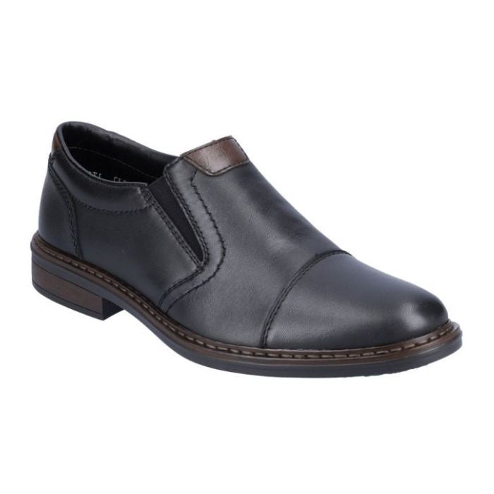 Men's Rieker 17659 leather dress shoe in black with cap toe and elastic sides. Lightweight slip-on perfect for formal or casual outfits.