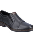 Men's Rieker 17659 leather dress shoe in black with cap toe and elastic sides. Lightweight slip-on perfect for formal or casual outfits.