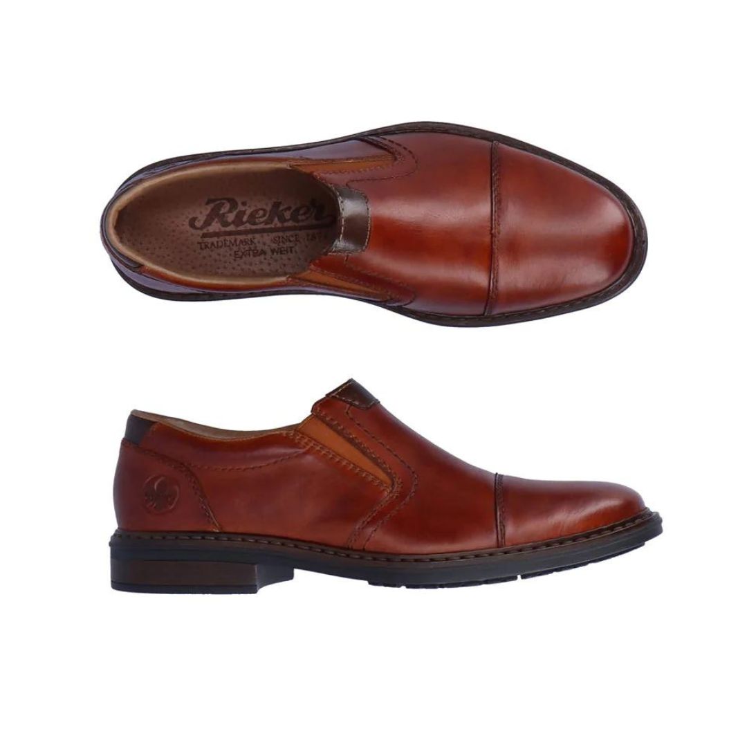 Top and side view of brown Rieker 17659 men's leather dress shoes. Designed for comfort with elastic side panels and sleek stitching.