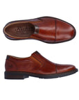 Top and side view of brown Rieker 17659 men's leather dress shoes. Designed for comfort with elastic side panels and sleek stitching.