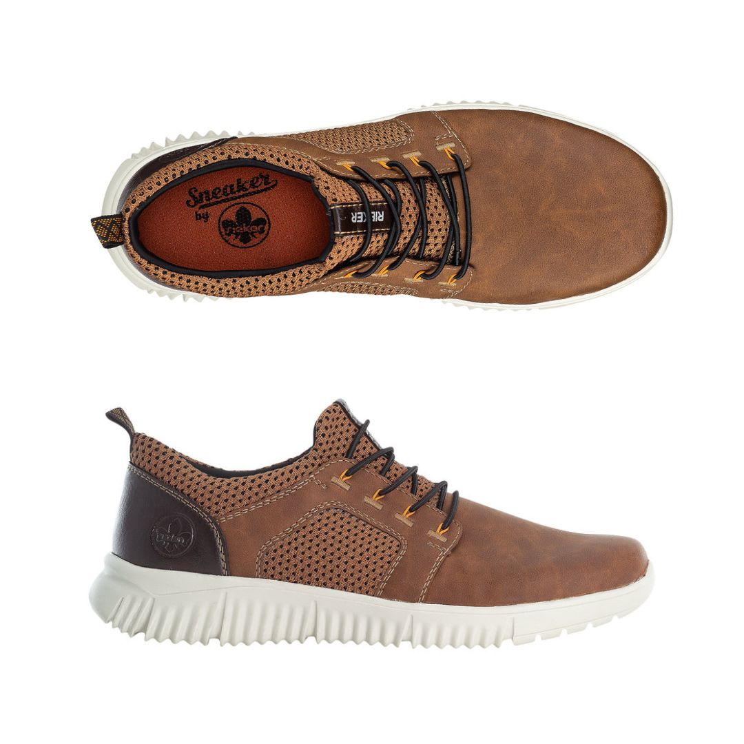 Top and side views of the Men's Rieker B7588 Slip-On Sneaker, showcasing its lightweight design, cushioned insole, and easy slip-on lacing system.