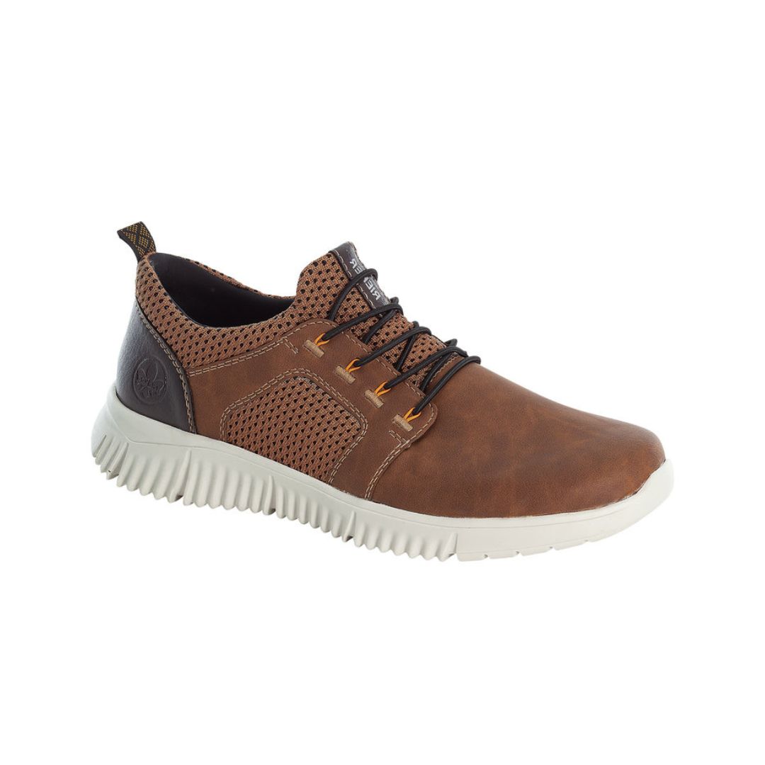 Men's Rieker B7588 Slip-On Sneaker in brown with black accents, featuring a flexible white sole and breathable mesh panels for casual wear.