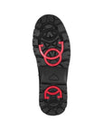 Black treaded outsole with red flip grips at ball and heel with Rieker logo stamped in middle.
