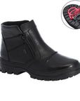 Black leather slip-on boot with side zippers, accent stitching and a close-up of the flip-grip outsole.