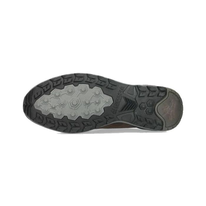 Bottom view of brown All Rounder Rake Off-Tex men's sneaker with shock-absorbing rubber outsole designed for all-terrain grip.