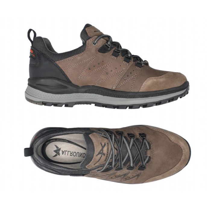Side and top view of brown Rake Off-Tex waterproof sneaker for men by All Rounder, showcasing breathable lining and rugged design.