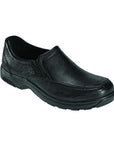Battery Park in black. Black leather slip on shoe with apron toe stitching. Outsole is black.