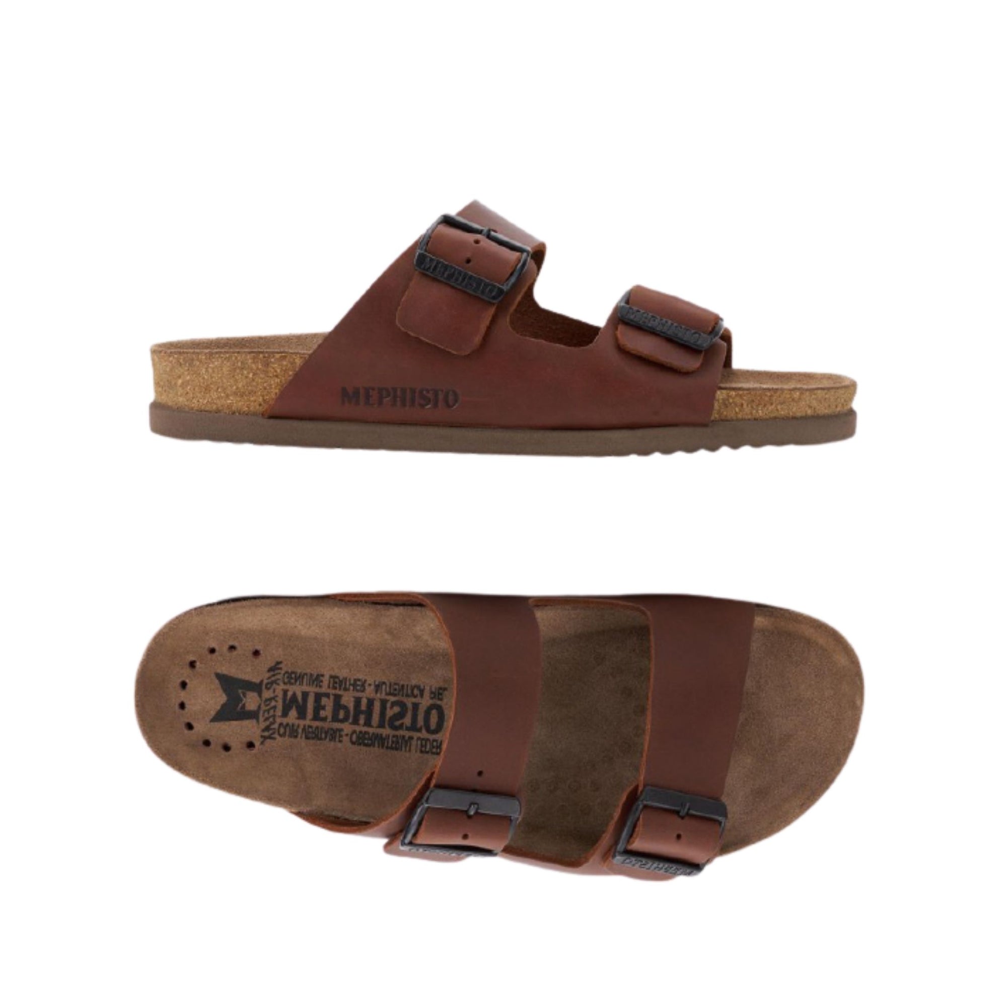 Men's Mephisto Nerio Footbed Sandal shown in side and top views, highlighting dual buckle straps and cushioned suede-lined cork footbed.