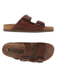 Men's Mephisto Nerio Footbed Sandal shown in side and top views, highlighting dual buckle straps and cushioned suede-lined cork footbed.
