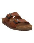 Men's Mephisto Nerio Footbed Sandal in chestnut brown leather featuring ergonomic cork footbed and anti-slip sole for all-day wear.