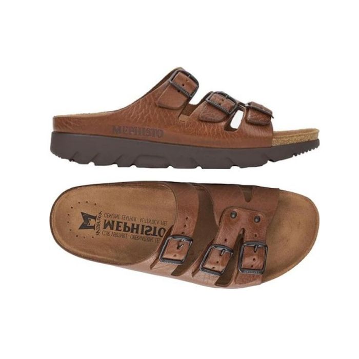 Top and side views of brown Mephisto Zach Footbed Sandal highlighting its ergonomic design, soft footbed, and durable leather straps.